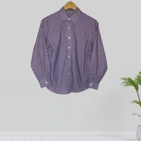 Women’s Foxcroft Wrinkle Free Collared Button Up Shirt Purple White Stripe Sz 6P - Picture 4 of 6